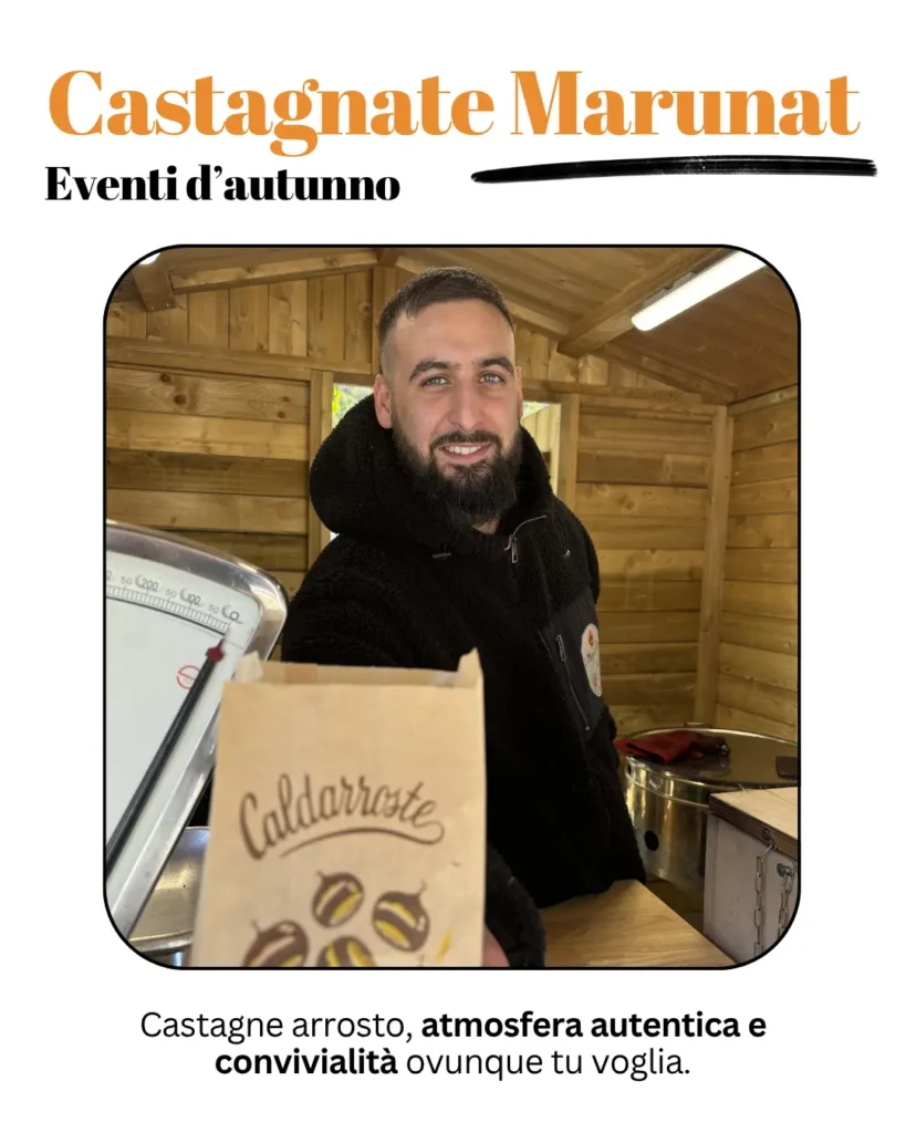 Service castagnade Marunat avec châtaignes grillées préparées sur place lors d'un événement automnal