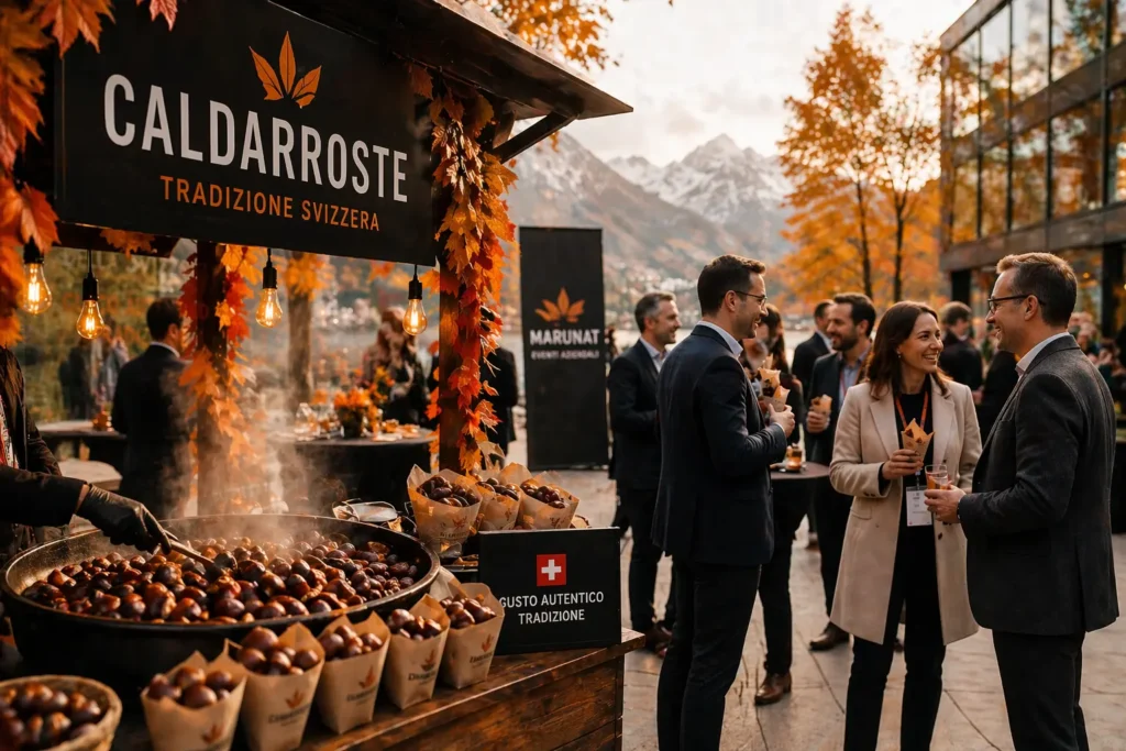 Castagnata aziendale in Svizzera con caldarroste durante un evento autunnale per team e clienti