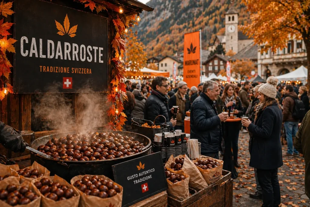 Castagnata durante una festa o sagra in Svizzera con stand di caldarroste e pubblico in un evento autunnale