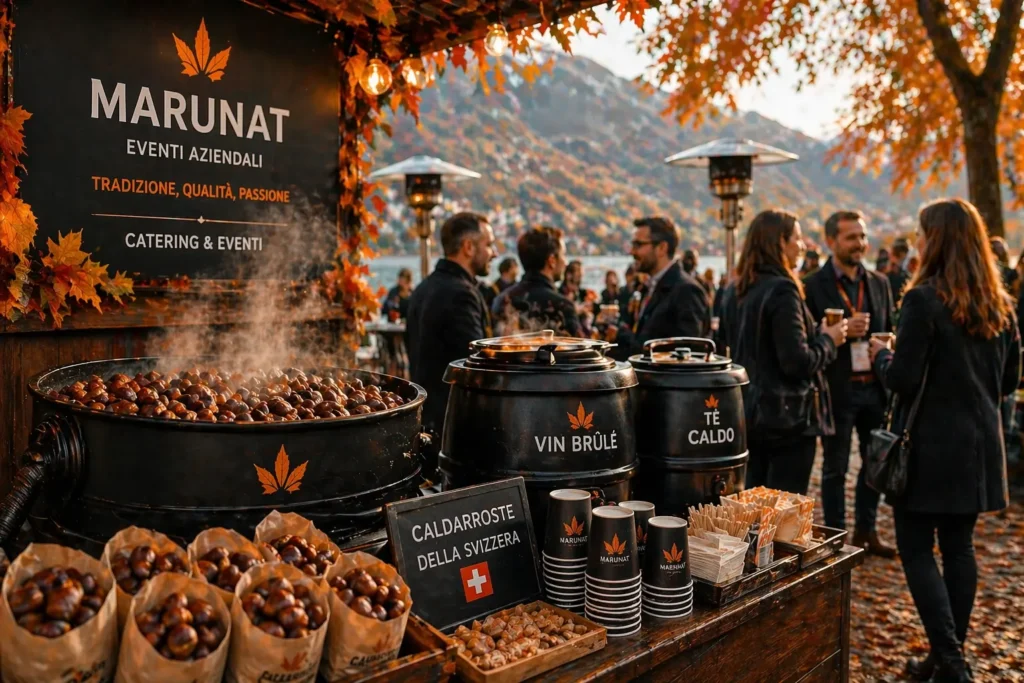 Servizio catering castagne in Svizzera con caldarroste e vin brûlé durante un evento autunnale
