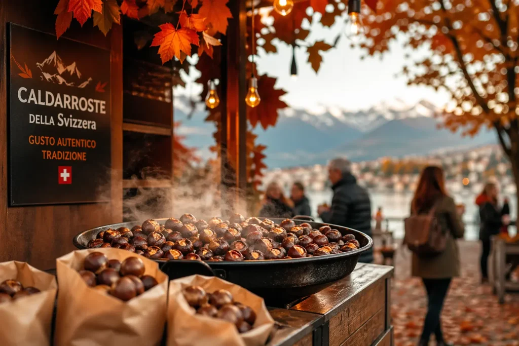 Castagnata organizzata in Svizzera con caldarroste appena preparate durante un evento autunnale