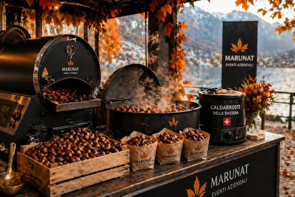 Attrezzature professionali per castagnata in Svizzera con cuoci castagne e stand per eventi