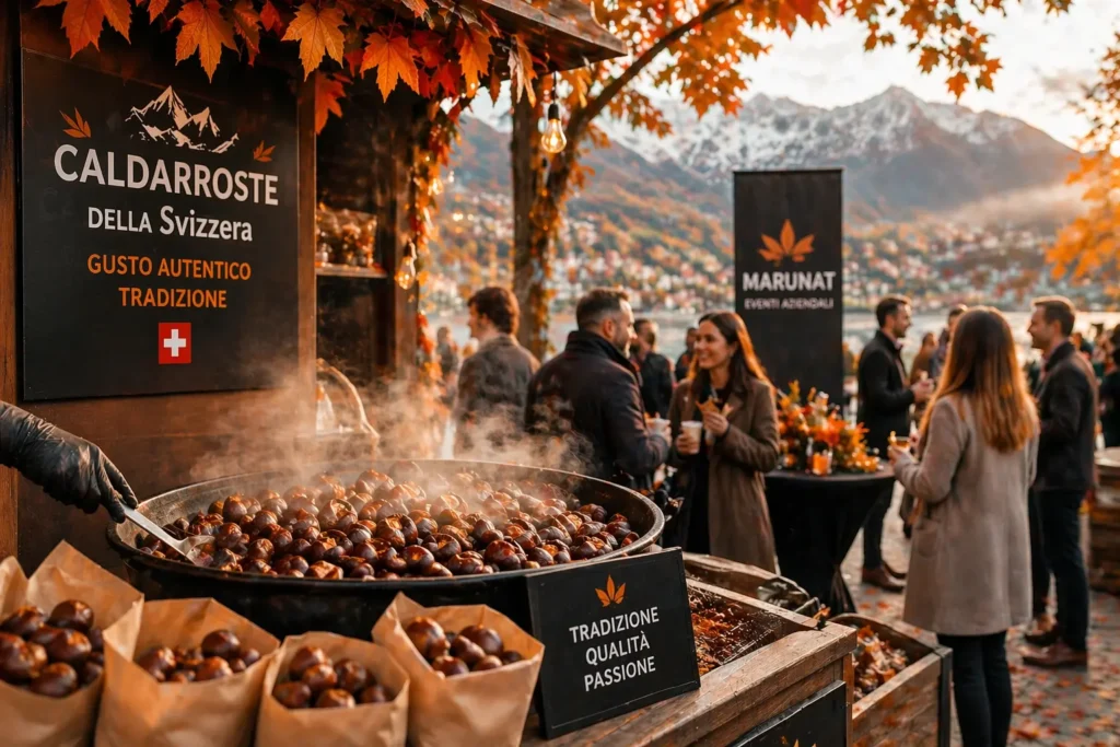 Stand di castagnata in Svizzera durante un evento autunnale con caldarroste e servizio professionale